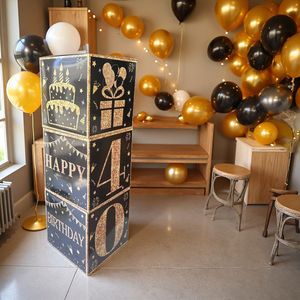 Boîte d'anniversaire Black Gold : Décoration de fête à thème ballons, ambiance festive, accessoires de surprise en papier imprimé - Product Image 5