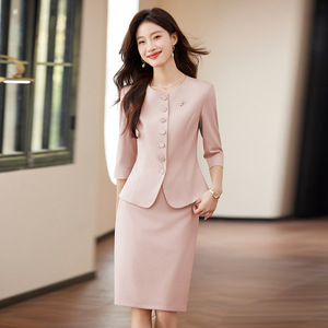 Pink Two-Piece Suit Set Women Three-Quarter Sleeves Summer 2025 Workwear Breathable Polyester A7706 - Product Image 1
