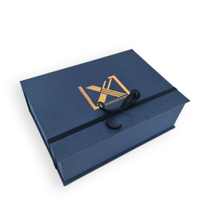 Premium Magnetic Cardboard Eco-Friendly Recycled Materials Dark Blue Rigid Gift <b>Boxes</b> Grain Matte Custom Logo Ribbon Box - Product Image 4