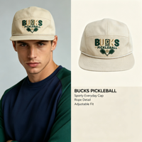 Casquette de sport beige à 5 panneaux avec broderie Bucks Pickleball, cordon réglable sur le devant, idéale pour le camping, le vélo, les jeux et le quotidien