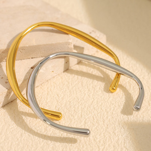 Fashion Cuff Bracelet <b>Titanium</b> Steel 18k Gold Plated Smooth Irregular C Shape Opening For Women - Product Image 1