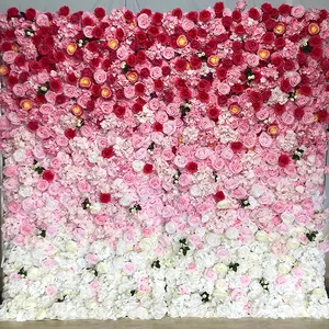 कस्टम 3डी/5डी शादी की सजावट के लिए कृत्रिम लाल हरे सफेद गुलाबी फूलों की दीवार पृष्ठभूमि का वादा करता है