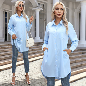 Kemeja lengan penuh wanita, blus Semua cocok kasual warna solid panjang - Product Image 4