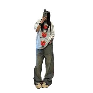 2025 primavera otoño Retro rayas Patchwork Jeans para mujer sueltos de moda recto Casual desgastado pantalones de pierna ancha transpirables - Product Image 5