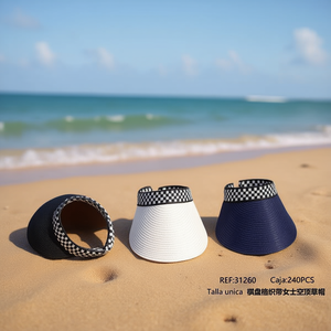 Visiera da donna in paglia con fascia a scacchi, visiera estiva alla moda per la spiaggia e la protezione all'aperto, taglia unica - Product Image 3