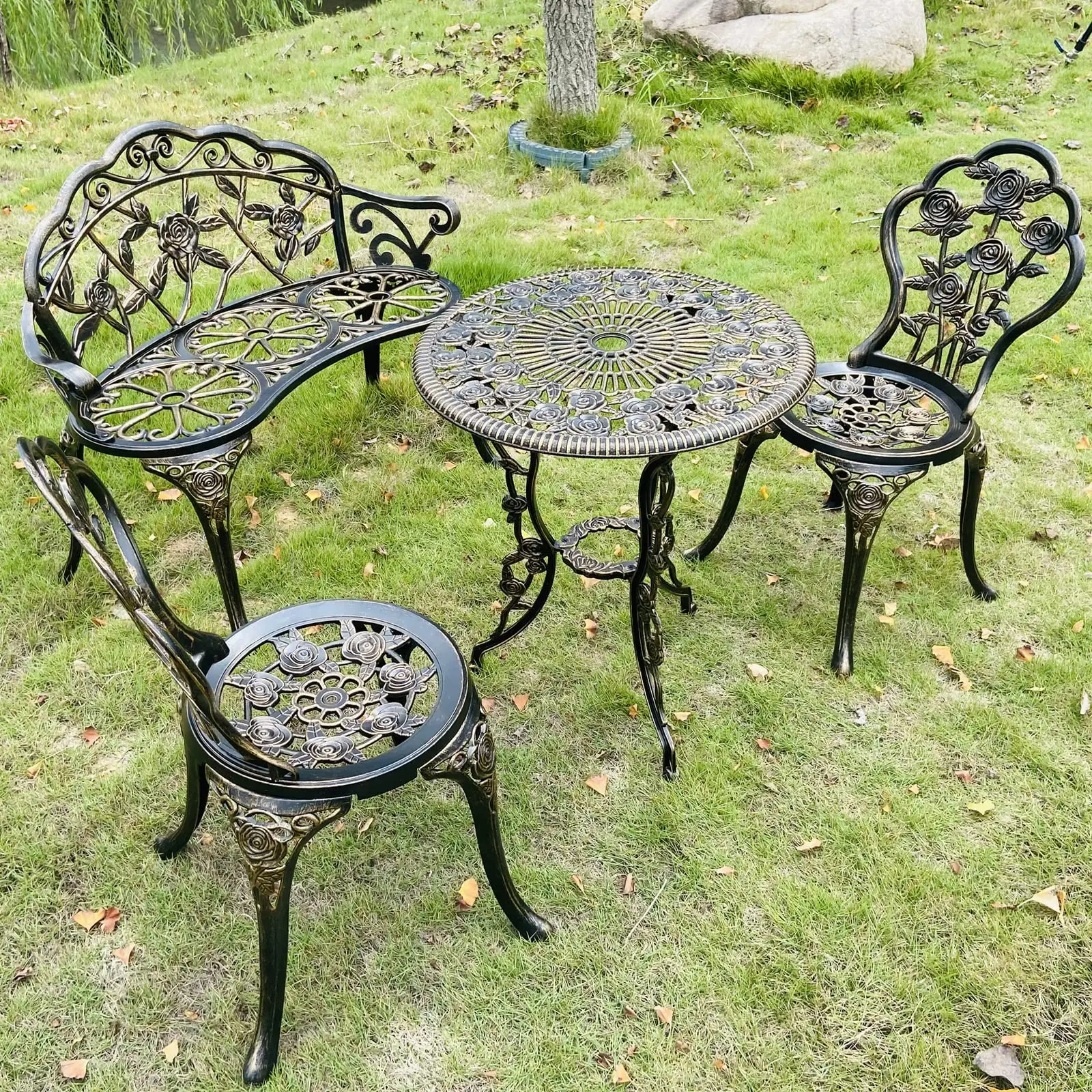 Garten bank aus Aluminium guss Set Balkon tische und Stühle Tischs tühle und 1 Bank, Metall, Bistro anzug