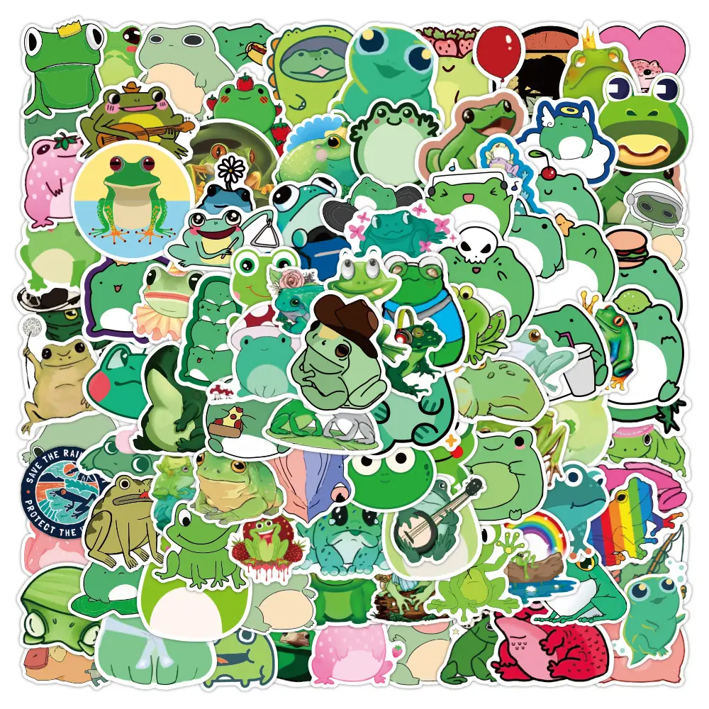 100 Stuks Schattige Kikker Cartoon Dier Decoratieve Sticker Voor Kid Fles Laptop Notebook Vinyl Washi Label