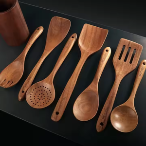 Set of 9-piece Natural Bamboo Acacia Wood Holder Spoon Forks Spatula Soup Cutlery Reusable Flatware Tableware for Home Kitchen
