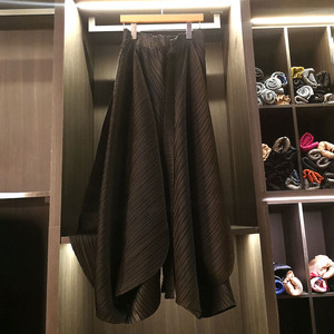 Haut de gamme femmes décontracté élégant polyvalent minceur ample plissé large jambe jupe <span class=keywords><strong>pantalon</strong></span> couleur unie irrégulière élastique haut - Product Image 1