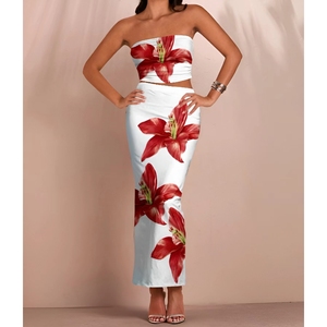 Conjunto de 2 Piezas de Falda Larga Ajustada con Estampado Floral para Mujer, a la Moda - Product Image 1