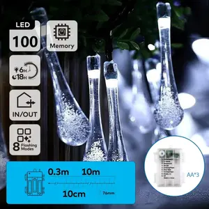 Ghirlanda di luci LED a forma di goccia di pioggia, alimentata da 3 batterie AA, 10 m, luce bianca fredda, ideale per decorazione e ambientazione. - Product Image 1