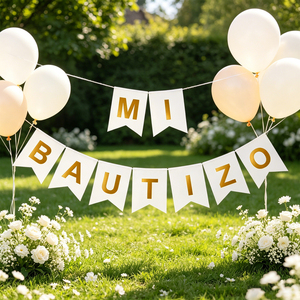 Striscione Rettangolare con Design a Bandiera Guirnalda Mi Bautizo, Lettere Bianche e Oro, 10 Pezzi, 4M, per Feste - Product Image 3