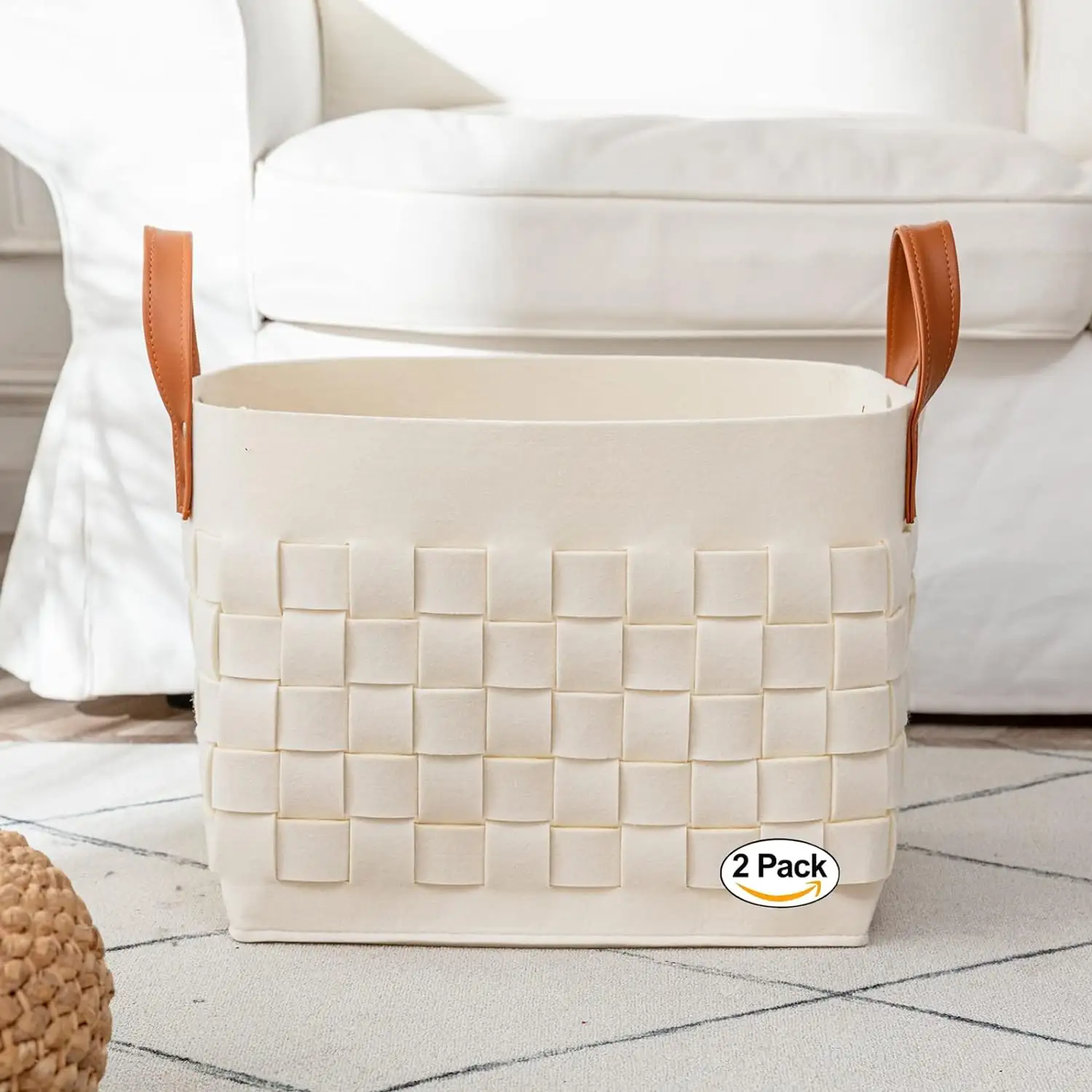 2024 Newest designed Eco-friendly white felt woven storage basket handmade basket for blankets living room storage basket