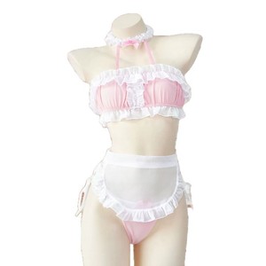 Conjunto de lencería rosa con encaje para mujer, estilo linda y femenina, de 2 piezas, suave, de viscosa, sin mangas, uniforme para juegos de rol. - Product Image 5
