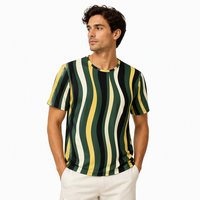 T-shirt à manches courtes en popeline 3D AOP pour homme, 100% polyester, vert foncé, bandes verticales incurvées, séchage rapide, respirant, col rond, expédition immédiate