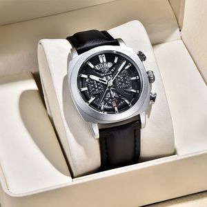 Montre chronographe squelettée Benyar 43 mm, date lumineuse, quartz analogique pour homme, bracelet en cuir noir, étanche 50 m - Product Image 2