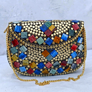 Bast Bohemian Metal Mosaic Clutch <b>Bag</b> with Chain Strap Antique Design Handmade Decorative <b>Evening</b> Purse for Halloween Christmas - Product Image 1