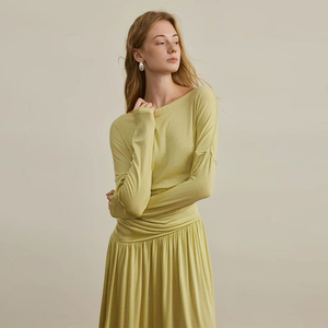 Abito Camicia Lungo <span class=keywords><strong>Giallo</strong></span> da Donna - <span class=keywords><strong>Vestito</strong></span> Casual Ampio per Ufficio in Tessuto Morbido e Traspirante - Product Image 3