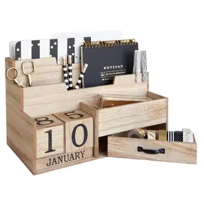 Organizador de escritorio de madera, caja de almacenamiento de 4 niveles con cajón