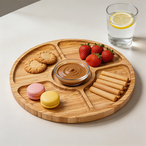 Plato de Servir Redondo de Bambú Moderno, Ecológico y Duradero, con 5 Compartimentos, para Fiestas y Eventos en el Hogar - Product Image 3