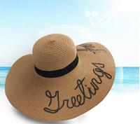 Nouveau style lettre broderie grand chapeau de paille, chapeau de plage d'été, chapeaux pare-soleil de vacances