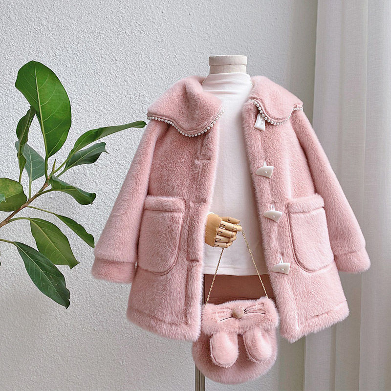 Abrigo de lana para niños con hebilla de perla de una hilera, ropa de Boutique, abrigos largos de invierno para bebés