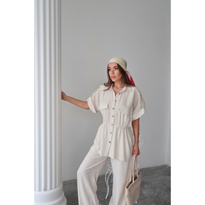 Conjunto de Camisa y Pantalones de Lino con Cintura Ajustable con Cordón para Mujer, Talla S - Product Image 4