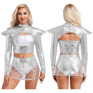 Disfraces de alienígena para mujer, conjunto de 2 piezas estilo espacial, top corto metálico, falda de PVC, holográfico, para festivales rave, cyberpunk - Product Image 5