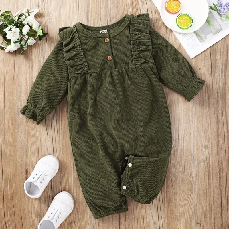 ins hot baby winter romper dark green corduroy ruffled cotton long-sleeved baby crawling suit