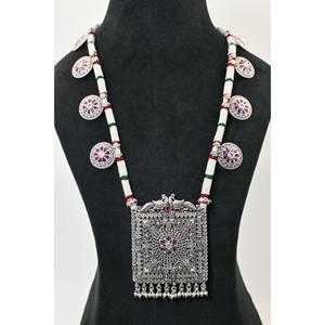 Vintage Ethnic 925 <b>Silver</b> Hamel Necklace Crystal Rhinestone Beaded Chained Floral Pendant Women's Wedding Religious Ceremony - Product Image 2