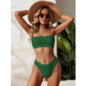 Custom Mulheres <span class=keywords><strong>Strapless</strong></span> Texturizado Bandeau Bikini 2 Peça Swimwear Atraente Sólido Respirável Secagem Rápida Frente Logo Trajes De Banho - Product Image 3