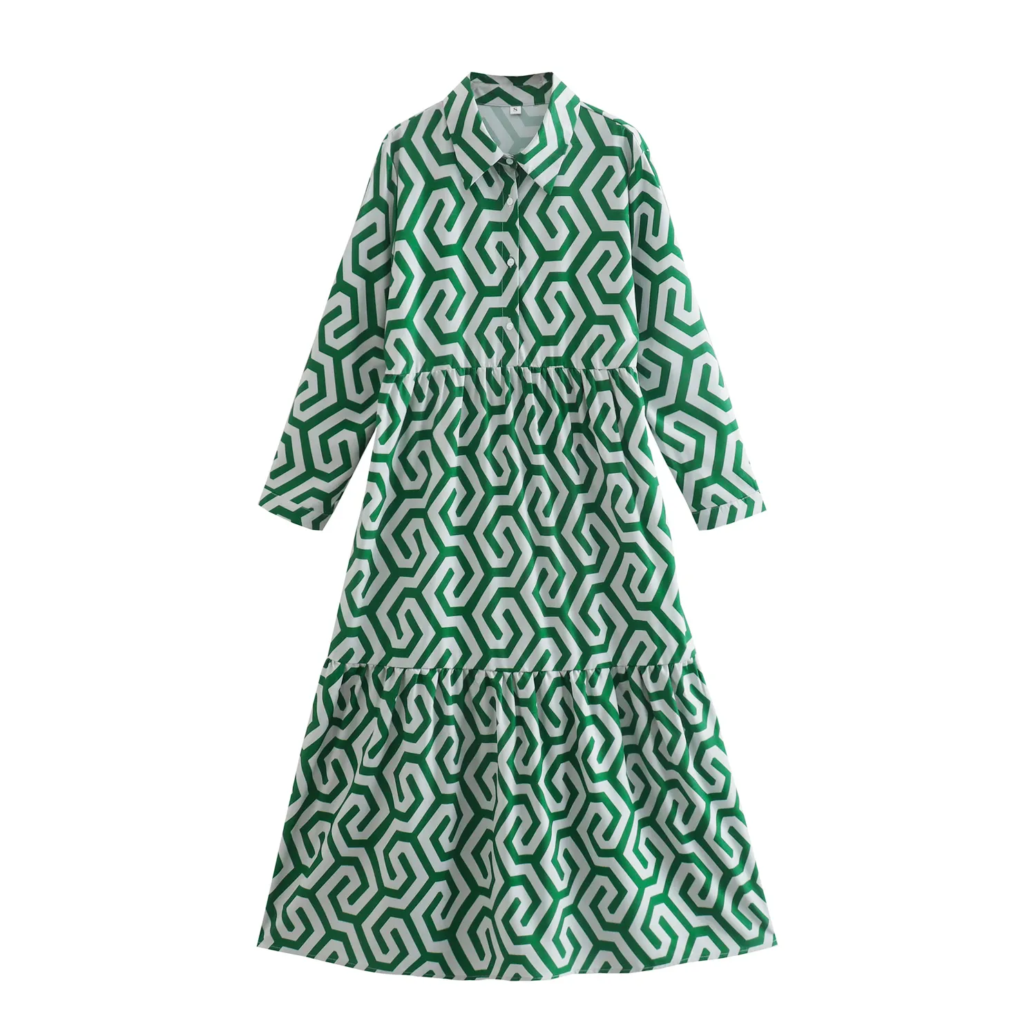 New design green and white color long sleeve turn down collar women casual fashion long dress