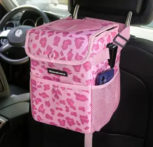 Leopard Print Waterproof Car Trash Can Storage Garbage with Lid Foldable Leakproof Back Seat Organizer
