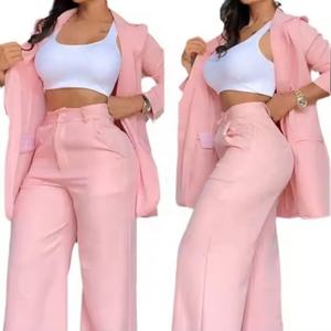 New Elegant Pink Summer Style Jacket <b>Pants</b> Set for Women New Arrival Casual Daily Wear with Solid Pattern Digital Printing Top - Product Image 1