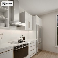 Meuble de cuisine avec îlot, portes laquées brillantes au design luxueux, dimensions personnalisées, boîtes en panneaux de particules et rangement coulissant