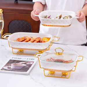 สีชมพูสีขาวสีเขียวเซรามิคอาหารกระทะ Chafing จานหม้อชุดจาน Chafing เครื่องลายครามสําหรับบุฟเฟ่ต์พร้อมขาตั้งสีทอง - Product Image 6