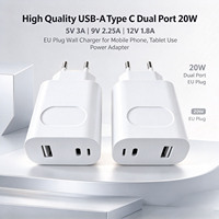 Pengiriman Cepat USB-A Tipe C Dual Port 20W 5V 3A 9V 2.25A 12V 1.8A Charger Dinding Colokan EU untuk Penggunaan Kamera dan Speaker Charger Ponsel