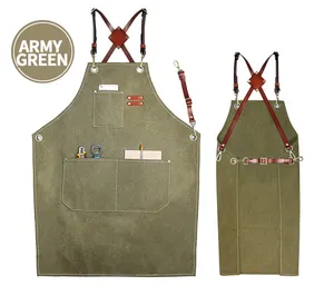 Avental de bar, tela verde do exército com avental de couro, florista, avental de trabalho