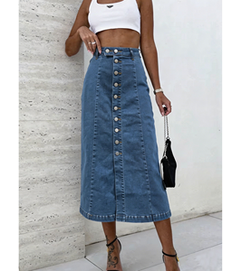 <span class=keywords><strong>Jupe</strong></span> <span class=keywords><strong>en</strong></span> <span class=keywords><strong>jean</strong></span> vintage <span class=keywords><strong>taille</strong></span> <span class=keywords><strong>haute</strong></span> mi-longue coupe trapèze pour <span class=keywords><strong>femme</strong></span>, délavée, sexy, ajustée aux hanches, boutonnée, unie, pour la saison automne - Product Image 1