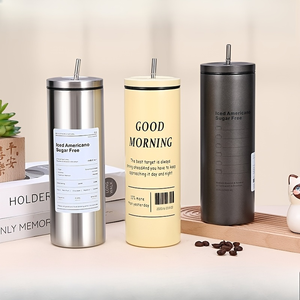 Gobelet isotherme fin en acier inoxydable de 20 oz avec couvercle à paille et impression de texte « Good Morning Iced Americano », idéal pour le café et les boissons froides - Product Image 1