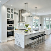 Meilleures ventes : Meuble de cuisine moderne îlot cascade, couleur blanc brillant, en panneau mélaminé avec robinet
