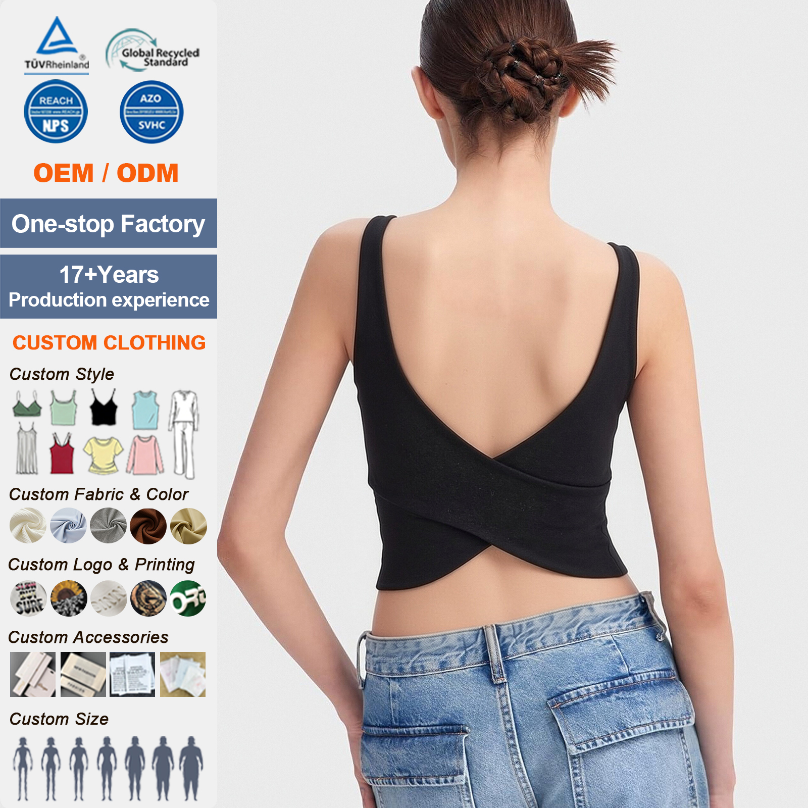 Custom Wholesale Women's Backless Short Crop Top Built-in Bra Padded White Tank Top Ribbed Cotton Spandex Front High Stretch
