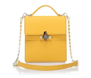 2023 Summer French Designer Leather Crossbody Bag with Chain for Women Lemon Yellow Handbags with Logo