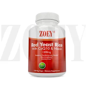 Cápsulas de arroz vermelho de yeast, 1200mg com coq10 e niacina sem pressão suporta níveis de colesterol saudáveis e sistema cardiovascular