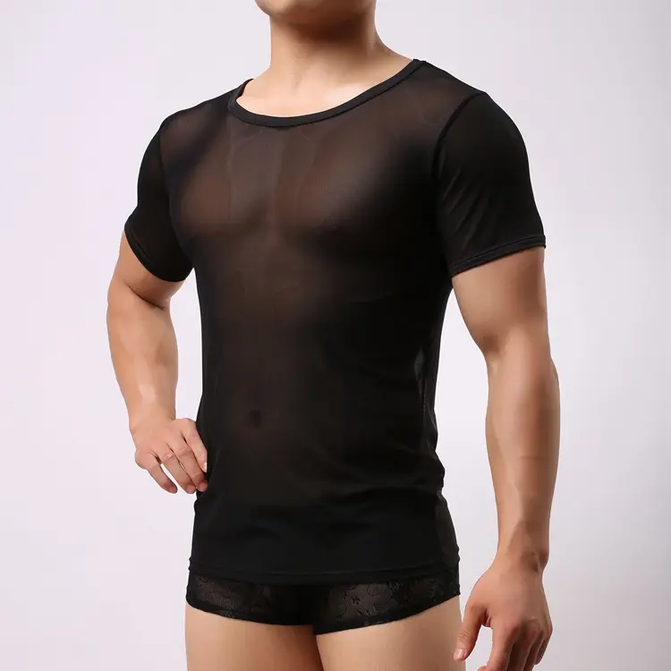 Hot Sale Men T Shirts Transparent Mesh Short Sleeve Undershirt Tops Tees Sexy Man Tshirt