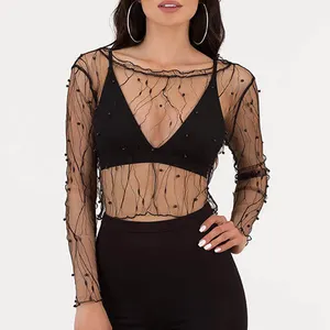 Womens Fashionable Clothing Long Sleeve Beaded Lace Ruffle Sexy Transparent Crop Top For Ladies