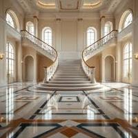 Escalier courbé classique avec des motifs en fer forgé sur mesure, marches en bois et en marbre