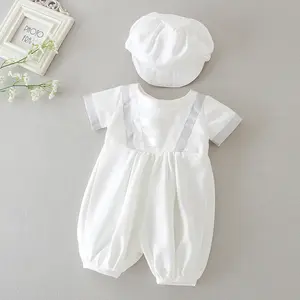 男婴白色洗礼连衫裤带兜帽婴儿连衣裙两件套