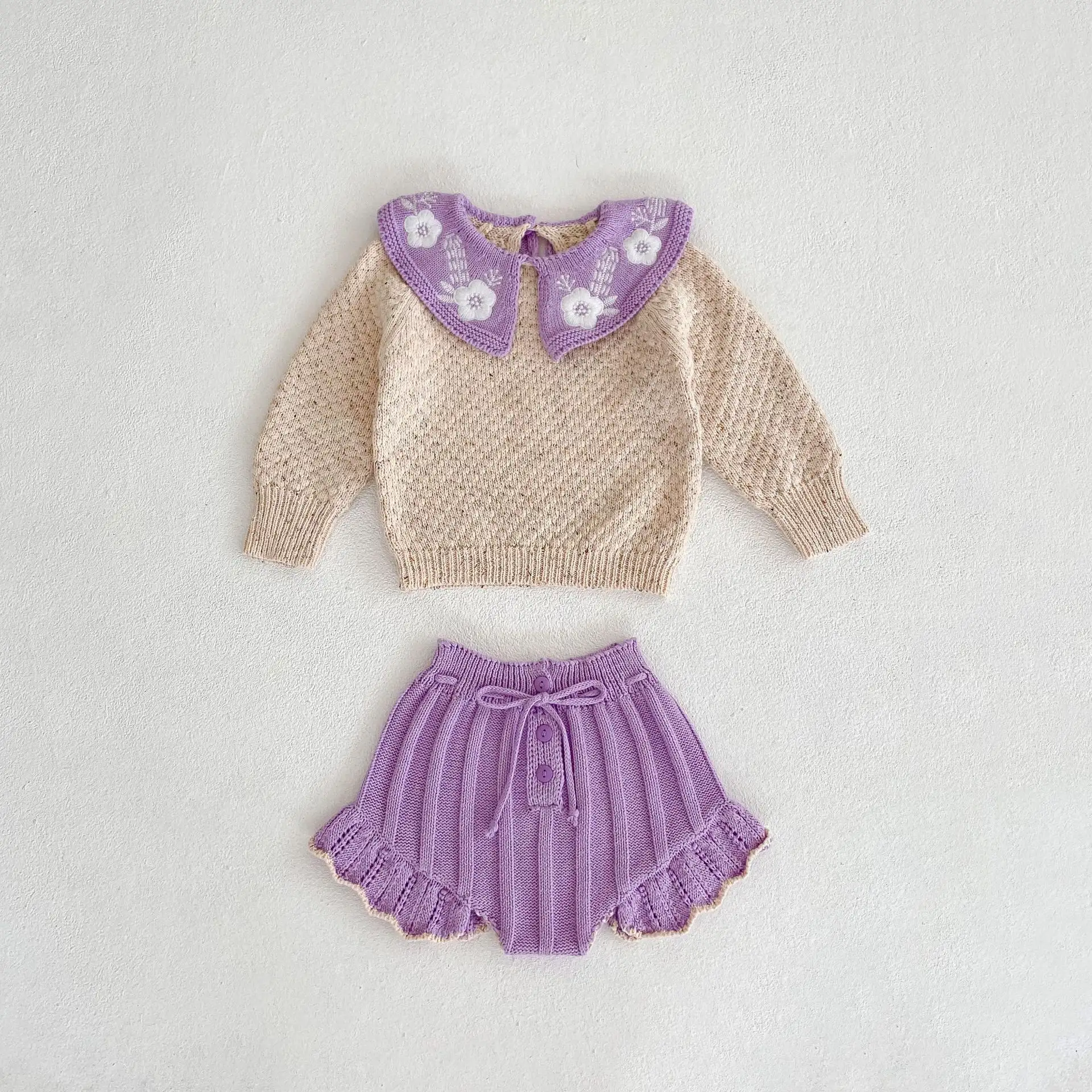 2pcs New Designs Autumn Boutique Long Sleeve Knitting Sweater Ruffled Shirts With Pants Baby Girl sets Clothes Clothing