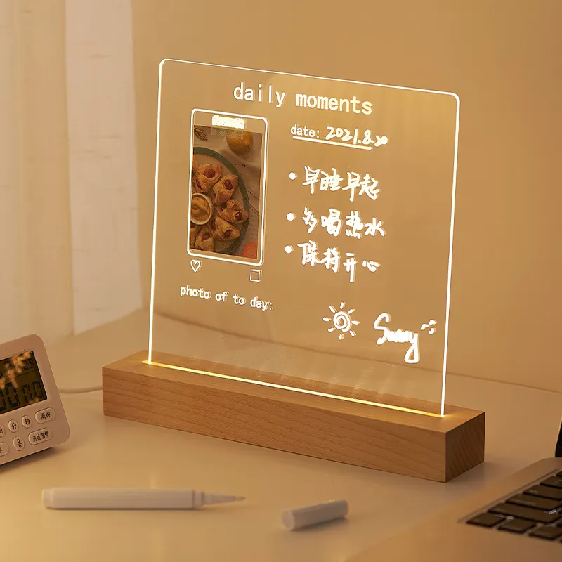 Acryl Dry Erase Board Met Houten Stand Clear Desktop Note Memo White Board Kleurrijke Led Light Up Message Board